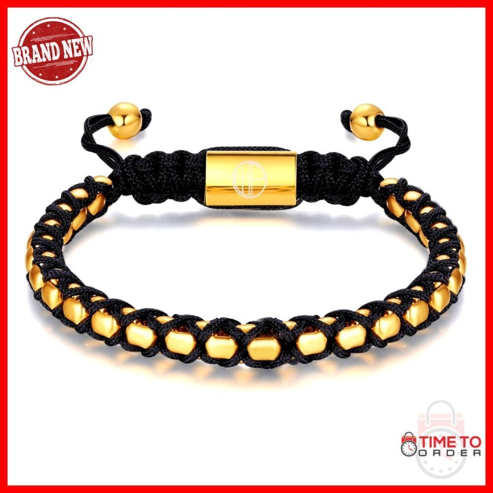 Men's 18K Gold Plated Stainless Steel Adjustable Bracelet with Beads